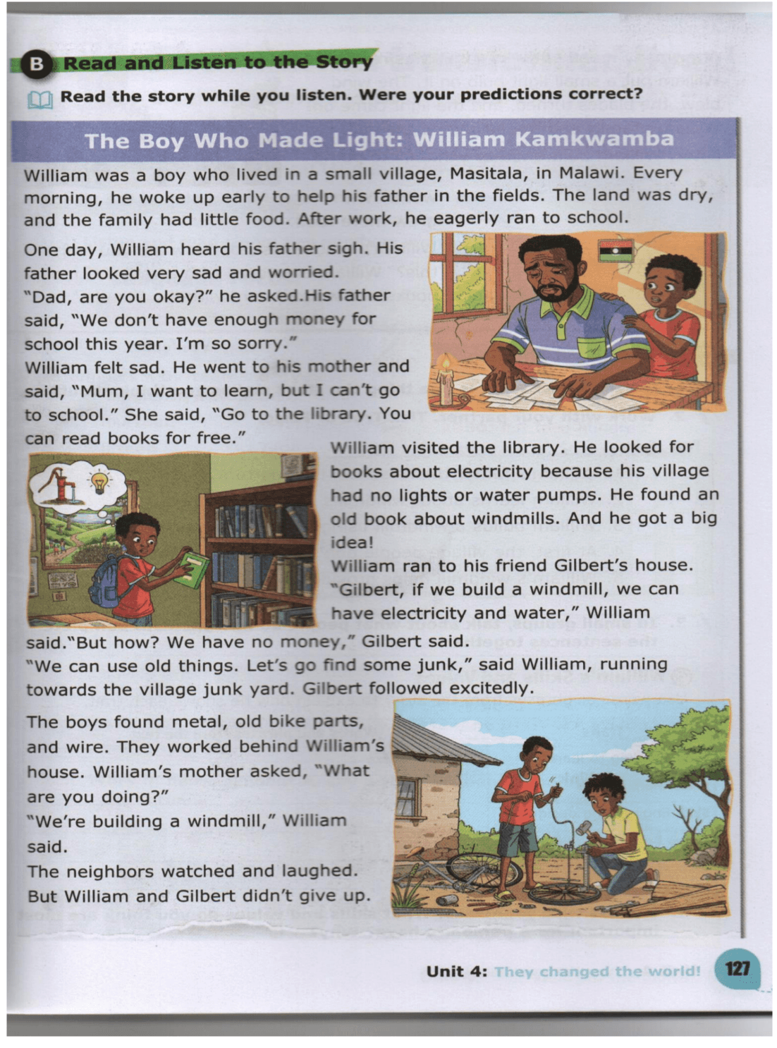 Textbook page titled The Boy Who Made Light: William Kamkwamba